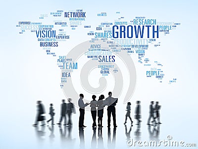 Silhouettes of Business People Working and Global Business Themed World Above Stock Photo