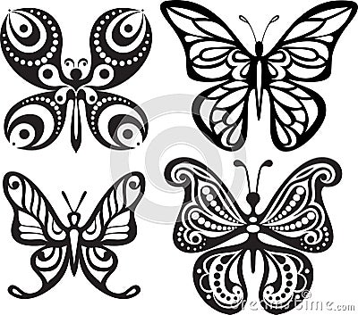 Silhouettes of butterflies with open wings tracery. Black and white drawing. Dining decor Vector Illustration