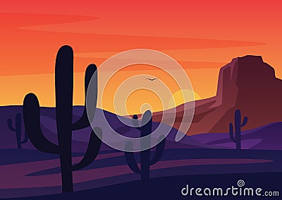 Silhouettes of cactuses growing in dry desert against bright sunset sundown sky cartoon vector illustration. Vector Illustration