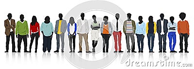 Silhouettes of Casual People in a Row Stock Photo