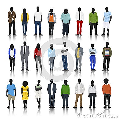 Silhouettes of Casual People in a Row Stock Photo