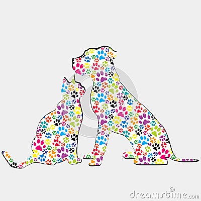 Silhouettes of cat and dog patterned in colored paws Vector Illustration