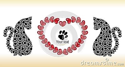 Silhouettes of cats with hearts. Valentine day`s card Vector Illustration