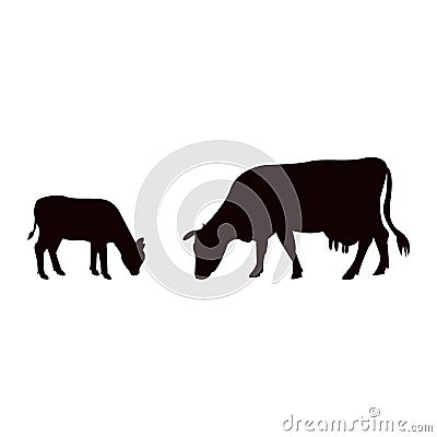Silhouettes of caw and baby cow Vector Illustration