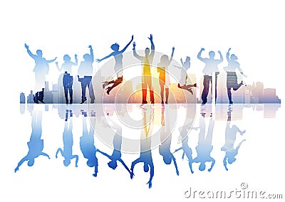 Silhouettes of Celebrating Business People in Cityscape Stock Photo