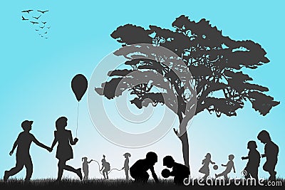 Silhouettes of children playing outside Vector Illustration