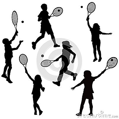 Silhouettes of children playing tennis Vector Illustration