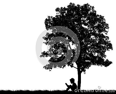 Silhouettes of children read book under Stock Photo