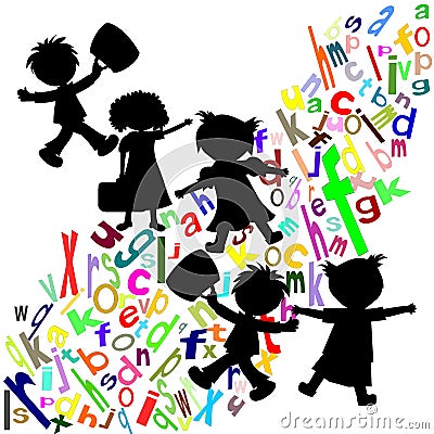 Silhouettes of children and students with portfolios Stock Photo