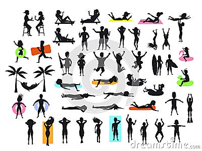 Silhouettes collection of people enjoying summertime beach holidays vacations Vector Illustration