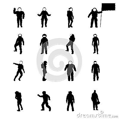 Silhouettes of Cosmonauts set, vector collection of sillhouettes spaceman in various poses Vector Illustration