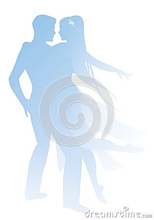 Silhouettes of couple of dancers holding each other. Girl with long hair and dancing clothes hugging her partner isolated on white Stock Photo