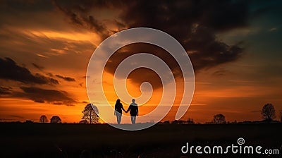 silhouettes couple holding hands at sunset Stock Photo