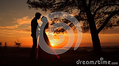 Silhouettes of a couple in love at sunset. As the sun sets on Valentine& x27;s Day, couples are silhouetted hugging Stock Photo