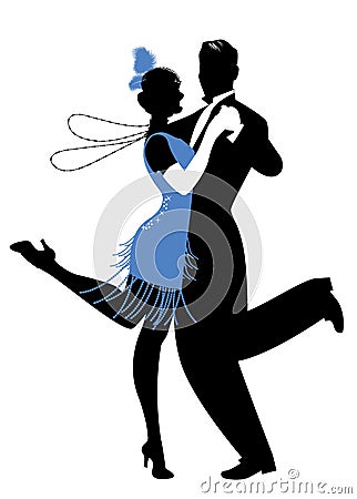 Silhouettes of couple wearing clothes in the style of the twenties dancing Charleston Stock Photo