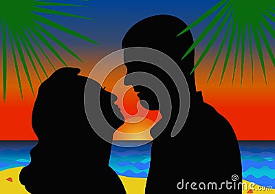 Silhouettes of couples in love on summer sunset background. Vector Illustration