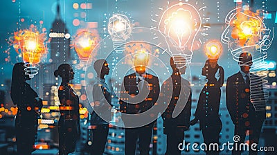 Silhouettes of creative businesspeople with illuminated light bulbs representing innovation, brainstorming, and teamwork against a Stock Photo