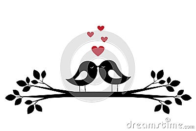 Silhouettes cute birds kiss and red hearts Vector Illustration