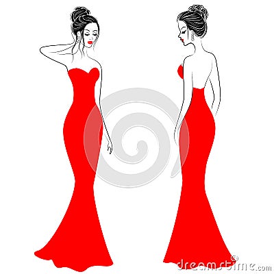 Silhouettes of cute ladies in red festive dresses. Girls show a style to be fused in front and behind. Models are slender and Cartoon Illustration