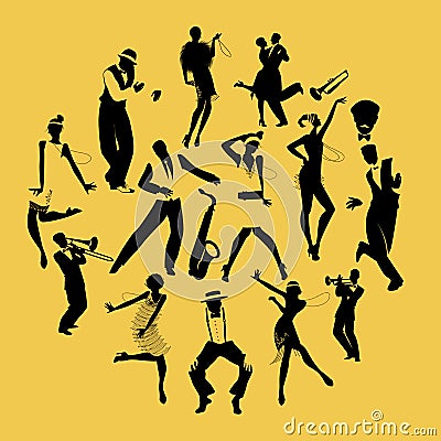 Silhouettes of dancers dancing Charleston and jazz musicians Vector Illustration