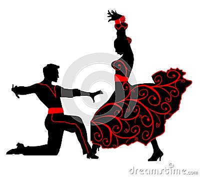 Silhouettes of dancing pair of rumba. Vector Illustration