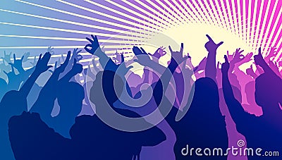 Silhouettes of dancing people in front of bright stage lights Stock Photo