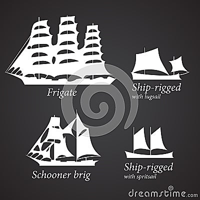 Silhouettes of different Ships in white color. Part 2 Vector Illustration