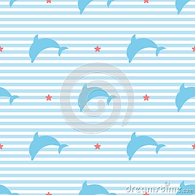 Silhouettes of dolphins on striped background seamless vector pattern Vector Illustration