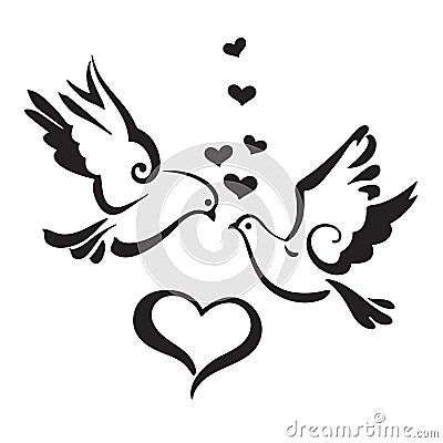 Silhouettes of Doves with hearts on white background Vector Illustration