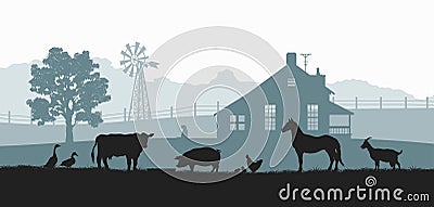 Silhouettes of farm animals. Rural landscape with cow, horse and pig. Village panorama for poster. Farmer house Vector Illustration