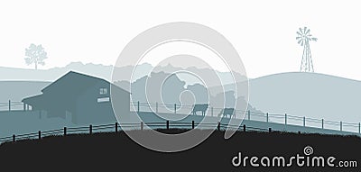 Silhouettes of farm landscape. Rural panorama of runch with cow on meadow. Village scenery for poster. Farmer house Vector Illustration