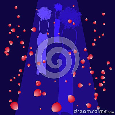Silhouettes of female models on catwalk, rose petals in the air, vector Cartoon Illustration