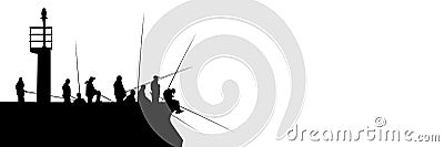 Silhouettes of fishermen with fishing rods on pier with lighthouse isolated on white Vector Illustration