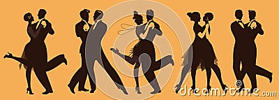 Silhouettes of five couples wearing clothes in the style of the twenties dancing retro music Stock Photo