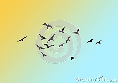 Flying birds silhouettes. Flock of birds in the sky.Background design. Vector illustration. Vector flock of birds. Vector Illustration