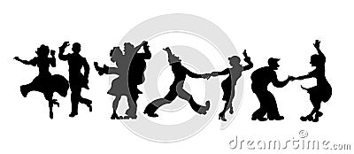 Silhouettes four couple of people dancing Charleston or retro dance. Vector Illustration.set retro silhouette dancer isolated Vector Illustration