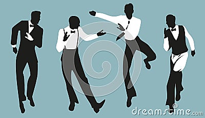 Silhouettes of four elegant man wearing vintage style clothes dancing retro dance Vector Illustration