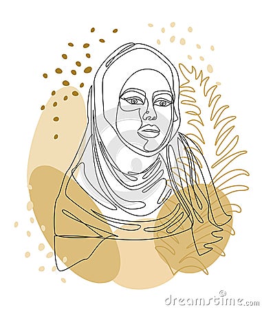 Silhouettes of a girl`s head and a leaf of a plant. Lady in hijab, scarf, arabic muslim headdress, headscarf. Female face in moder Vector Illustration