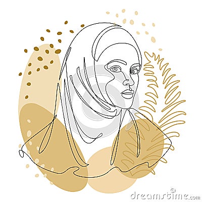 Silhouettes of a girl`s head and a leaf of a plant. Lady in hijab, scarf, arabic muslim headdress, headscarf. Female face in moder Vector Illustration