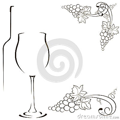 Silhouettes of glasses and bottles of wine. Bunch of grapes. Vector Illustration