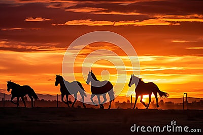 Silhouettes of graceful horses in field at dawn. Generative AI Stock Photo