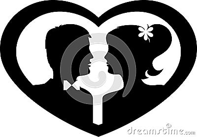 Silhouettes of groom and bride in heart. Black against white background. Vector Vector Illustration