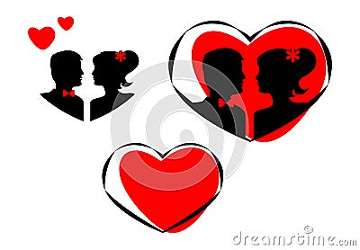 Silhouettes of groom and bride in heart. Icons set. Vector Vector Illustration