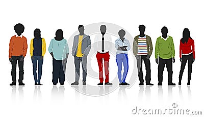 Silhouettes Group of Colourful Casual People in a Row Stock Photo