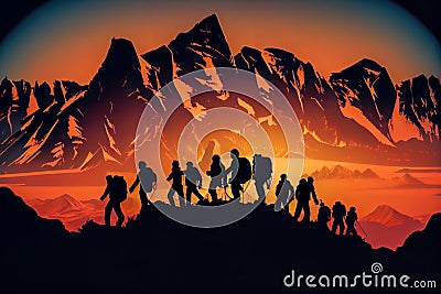 silhouettes Group of people on peak mountain climbing. Generative AI Stock Photo