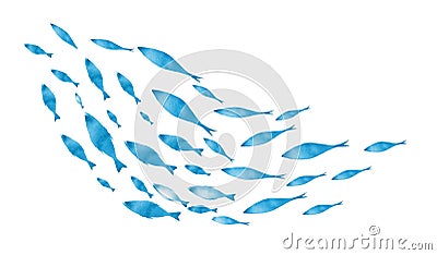 Silhouettes of groups of fishes on white. Watercolor Stock Photo
