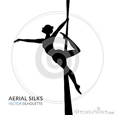 Silhouettes of a gymnast in the aerial silks. Vector illustration on white background. Air gymnastics concept Vector Illustration