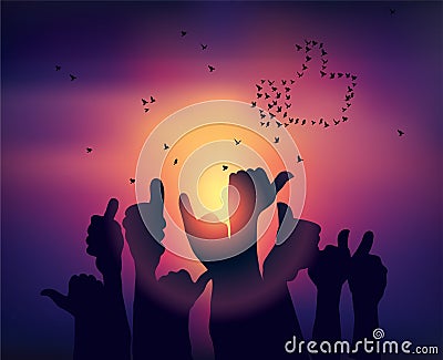 Silhouettes of hands like symbol and birds sunset Vector Illustration