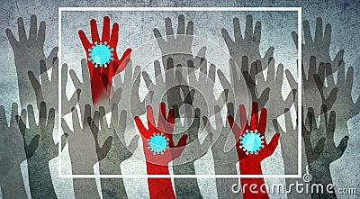 Silhouettes of hands, three are red colored, infected with Covid-19 Cartoon Illustration