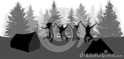 Silhouettes of happy jumping people in forest. Camping, nature. Vector illustration Vector Illustration